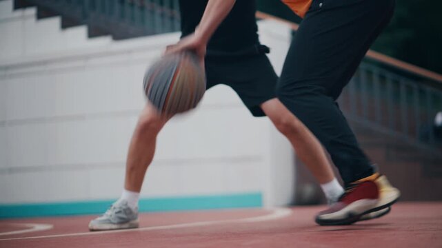 Two players in intense basketball action with dribbling and defense on outdoor court