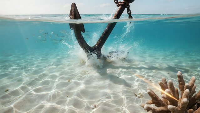 Anchored shipwreck on clear tropical seabed with coral and sandy ocean floor