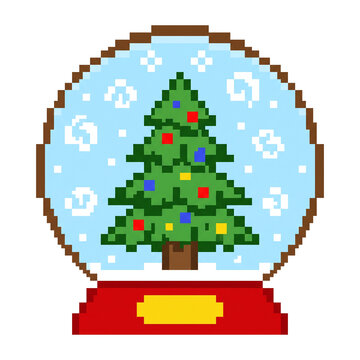 Retro pixel art Christmas tree snow globe