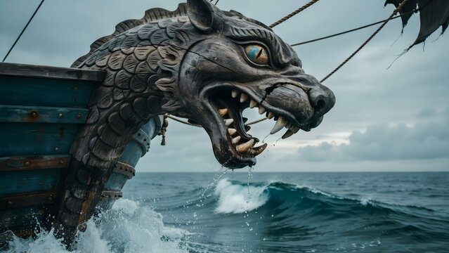 Dramatic view of a large sea monster figurehead emerging from ocean waves