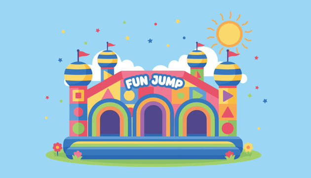 Bright and colorful inflatable bouncy castle titled fun jump under a sunny sky for children's outdoor parties.