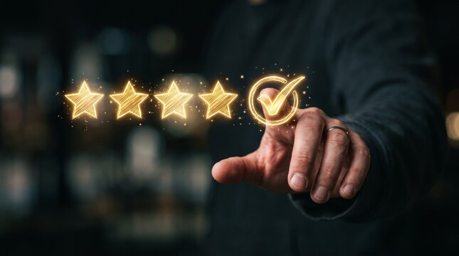 Customer review rating with five stars and checkmark, glowing gold feedback icons, hand touching digital interface for quality service