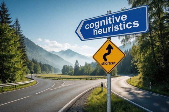 Blue directional signpost points to cognitive heuristics on winding road. Yellow diamond sign shows shortcut symbol in mountain landscape. Concept of psychology, mental shortcuts, decision making,