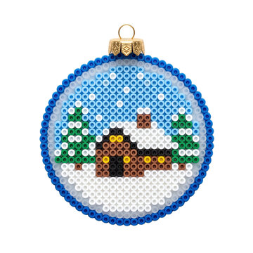 Hama beads christmas bauble with snow scene and cabin