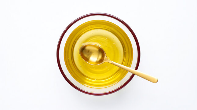 Top view edible cooking food oil in bowl with golden spoon isolated on white background, copy space 