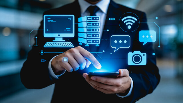 Businessman Interacts With Digital Tech Icons On Smartphone