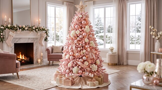 Elegant pink Christmas tree in luxury living room, rose gold holiday decor with fireplace, chic festive interior design