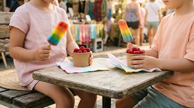 Children eating rainbow popsicles and raspberries at summer market