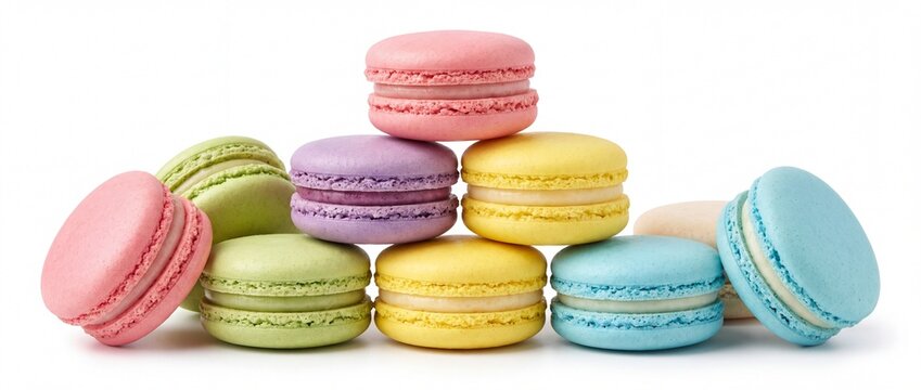 Colorful macarons stacked and scattered on white background