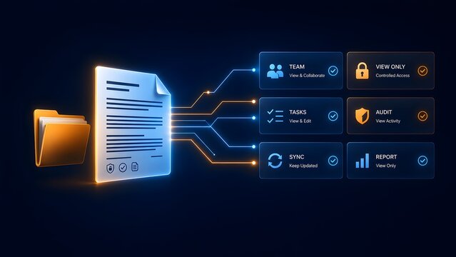 Glowing digital document interface connected to workflow panels representing secure team collaboration and file management