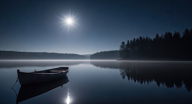 Empty rowboat on calm moonlit lake.