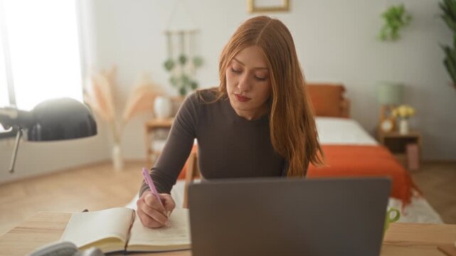 Woman writing in notebook with pen and laptop visible, hand on page at desk in a building; focused study.