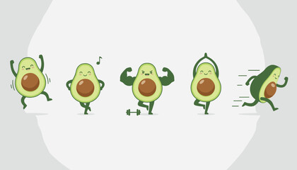 Obraz premium Series of healthy avocado characters performing fitness routines like yoga, running, and heavy weightlifting.