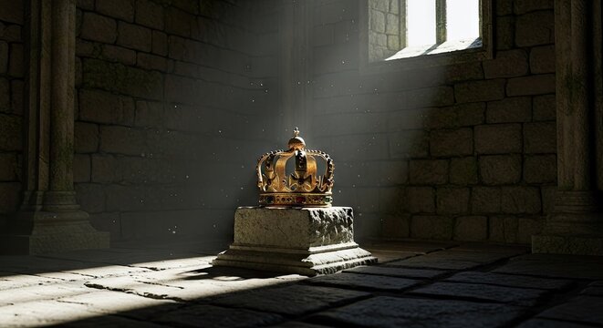 Golden royal crown on stone pedestal in shaft light