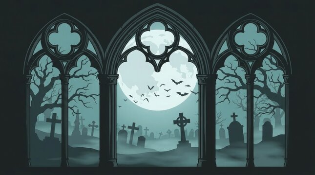 Gothic arched window overlooking a spooky graveyard with a full moon and flying bats at night