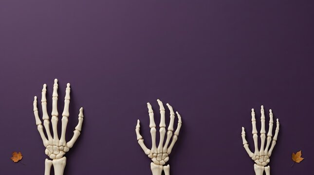 Three human skeleton hands displayed against a dark purple background studio shot