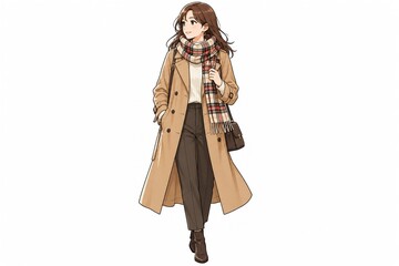 Fototapeta premium おしゃれなトレンチコートとマフラーを身につけ笑顔で歩く若い女性の全身イラスト