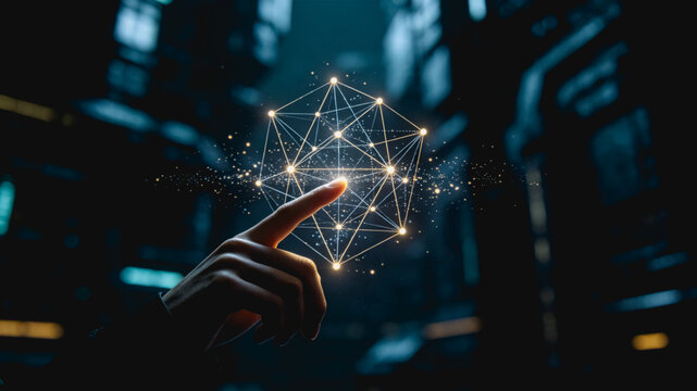 Person Touching Glowing Digital Network Structure in Dark Tech Environment