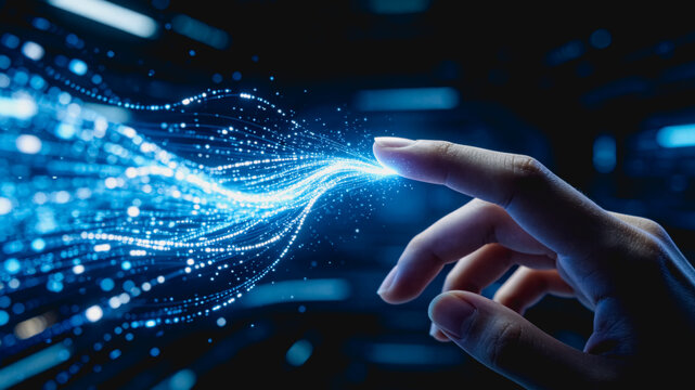 Human Finger Touching Glowing Digital Data Stream