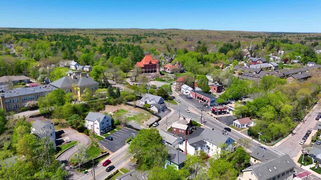 Oakes Ames Memorial Hall aerial view. This building was designed by H. H. Richardson at 3 Barrows Street in village of North Easton, town of Easton, Bristol County, Massachusetts MA, USA. 