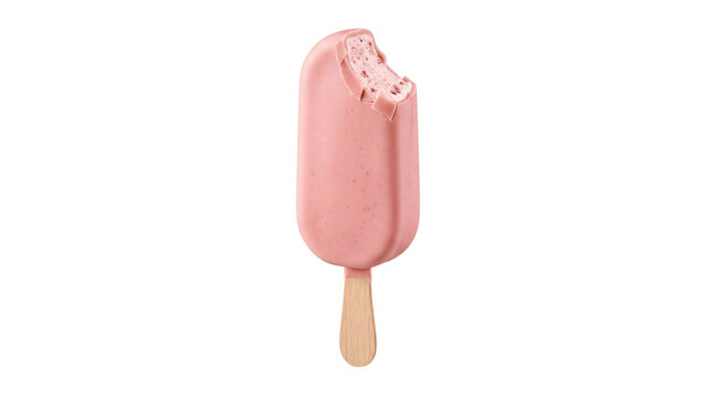 Bitten pink strawberry ice cream bar on a wooden stick png on isolated transparent background