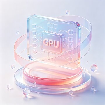 Futuristic transparent GPU cluster processor with connected computing nodes and glowing rings, idea for AI acceleration, parallel computing and advanced graphics technology