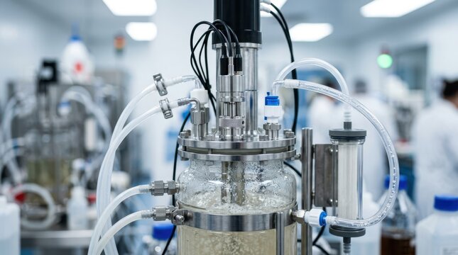 Biomanufacturing setup with fermentation vessel, membrane filtration unit, sterile tubing, and quality monitoring probes.