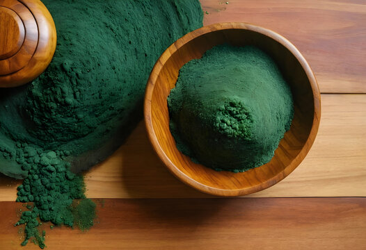 Superfood nutrition and wellness, spirulina powder in a wooden bowl for healthy diet and natural dietary supplement concept on a rustic kitchen table