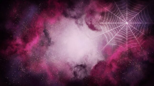 Intricate white spider web set against a vibrant cosmic purple and pink nebula background with stars
