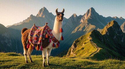 Fototapeta premium Llama with colorful saddle stands on grassy mountain ridge. Majestic peaks and clear sky form backdrop. Animal ready for trek, evokes adventure and highland travel.