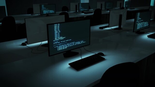 たくさんのPCのある暗いオフィスの3Dアニメーション　架空のコード表示　ループ
