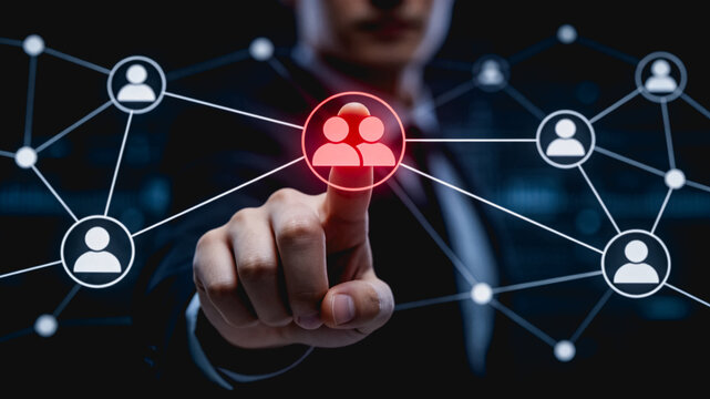 Businessperson Selects Team Member in Professional Network Diagram