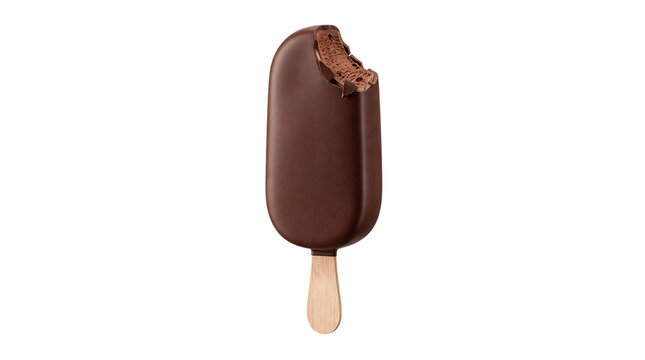 Chocolate covered ice cream bar with a bite taken out png on isolated transparent background