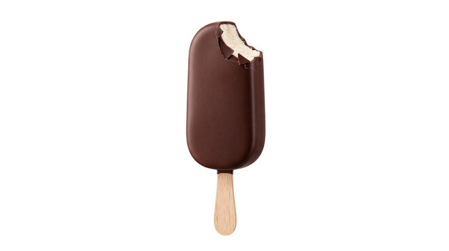 Chocolate covered ice cream bar with a bite taken out, png on isolated transparent background