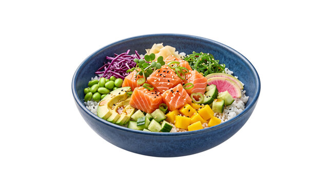 Colorful salmon poke bowl with avocado, edamame, mango, png on isolated transparent background