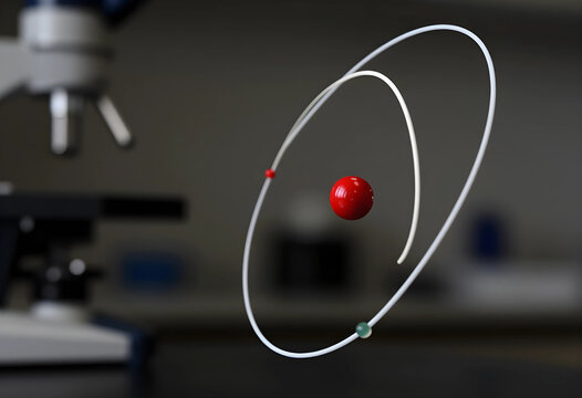 Scientific research and atomic structure, model of an atom with orbiting electrons and a microscope in a laboratory for physics and chemistry education