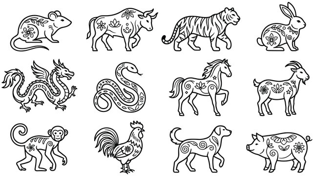 Chinese zodiac animals line art collection for lunar new year celebration.