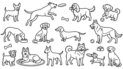 Obraz premium Dog breeds and toys line art collection, domestic pets for coloring book.