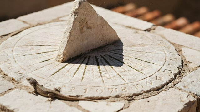 Ancient stone sundial with triangular gnomon on rustic wall surface