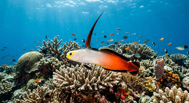 Fire dartfish (Nemateleotris magnifica) swimming over a colorful coral reef in clear blue ocean water