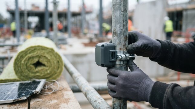 Gloved hands fitting a wireless construction sensor onto scaffold tubing with solar panel fragment and insulation roll.