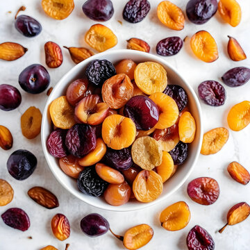 Healthy nutrition and organic food, bowl of assorted dried fruits and pitted plums on a white background for vegan diet and natural snack concepts