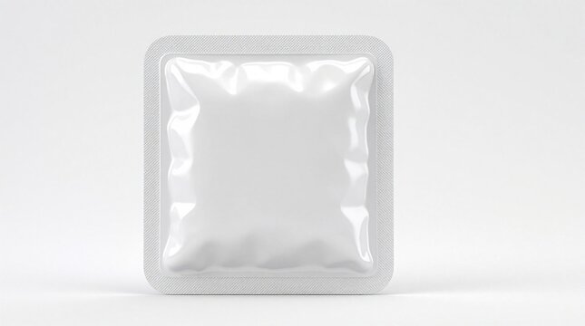Empty white blister pack mockup for medicine pills. Square plastic foil packaging with blank space for branding. Pharmaceutical product container isolated on light background. Template for drug