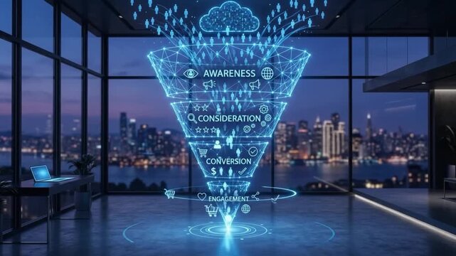 Marketing funnel illustration with city view at dusk digital transformation concept