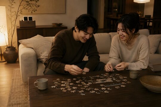 Couple assembling a jigsaw puzzle together at a wooden coffee table in a warm living room