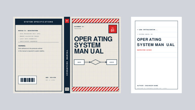 Operating system manual book cover layout minimalist modern technical design software documentation template corporate guide