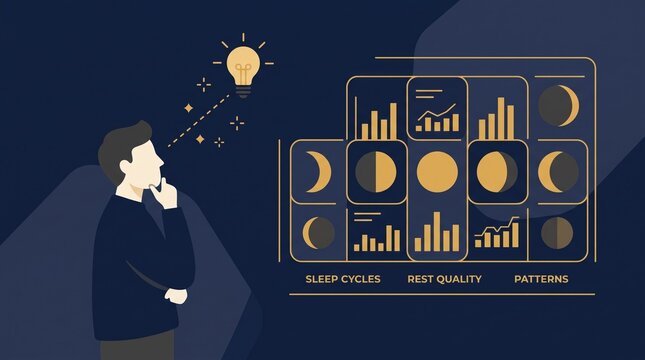 A man views a digital dashboard with sleep cycles and patterns. Technology provides insight into wellness without stress. Ideal for health apps and sleep tracking articles.