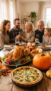 Family gathered around a festive table, enjoying a roasted turkey and autumnal foods, symbolizing togetherness, gratitude, and holiday celebration