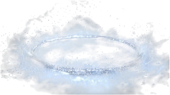 Circular water splash ripple with luminous particles on transparent background