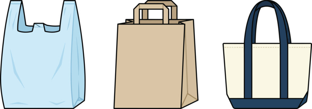 Shopping bag vector set with plastic, paper, and canvas tote bags. Flat grocery carrier collection for retail and eco-friendly branding.